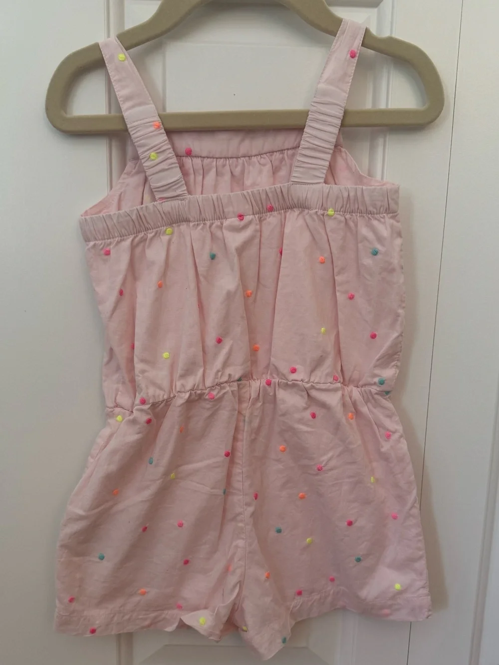 GAP Light Pink Pom-Pom Cotton Romper with Multicolor Dots